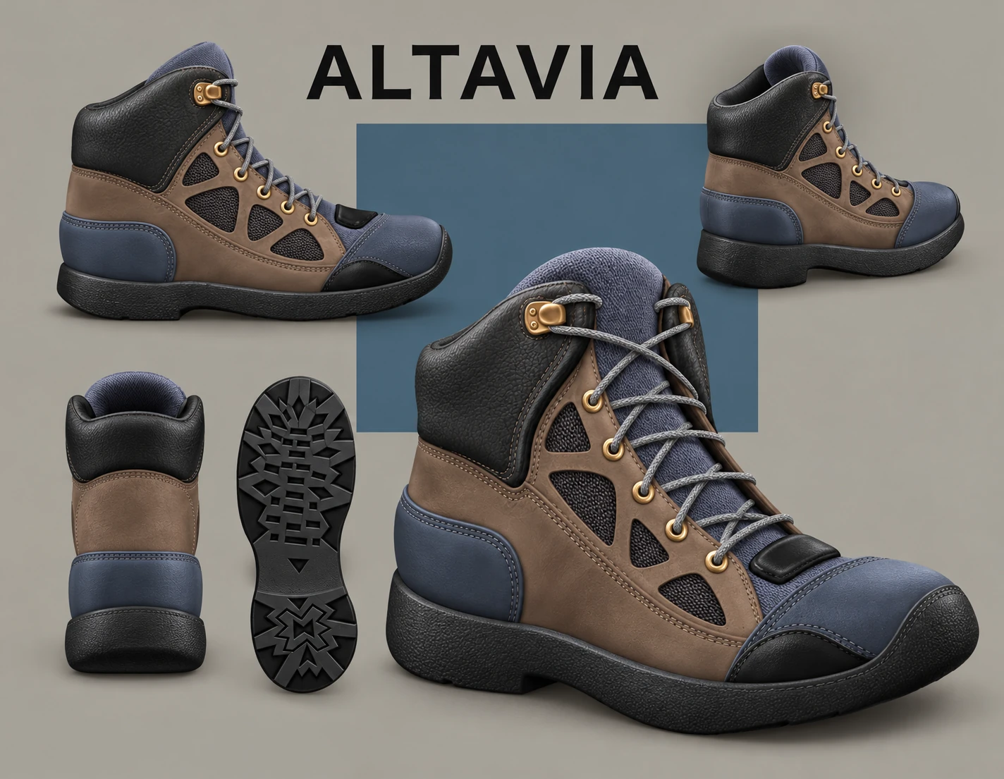 Alta Via final concept: original brown and slate blue boot design enhanced with realistic stitching, leather, woven mesh and brass hardware, shown in five views